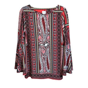Chicos Paisley Bell Sleeve Stretch Tunic Top Size 1 8 10 Boho Cottagecore Artsy